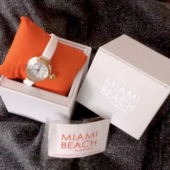 NEW MIAMI BEACH x GLAM ROCK “ART DECO” WHITE SILICONE GOLDTONE THIN STRAP WATCH - Picture 1 of 10